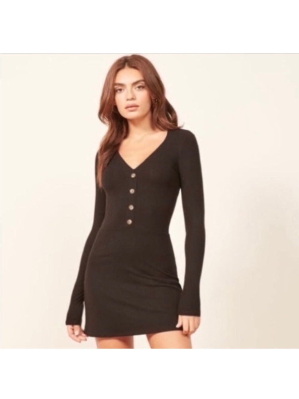 Reformation Marlene Black Ribbed V‑Neck Button‑Front Long Sleeve Mini Dress med